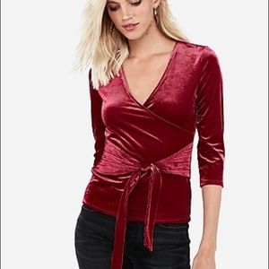 Express One Eleven Red Ribbed Velvet Wrap Top L